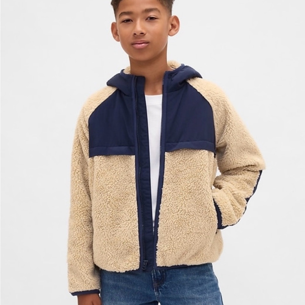 Brand New Boy's  Hooded Sherpa Jacket in Beige and Navy